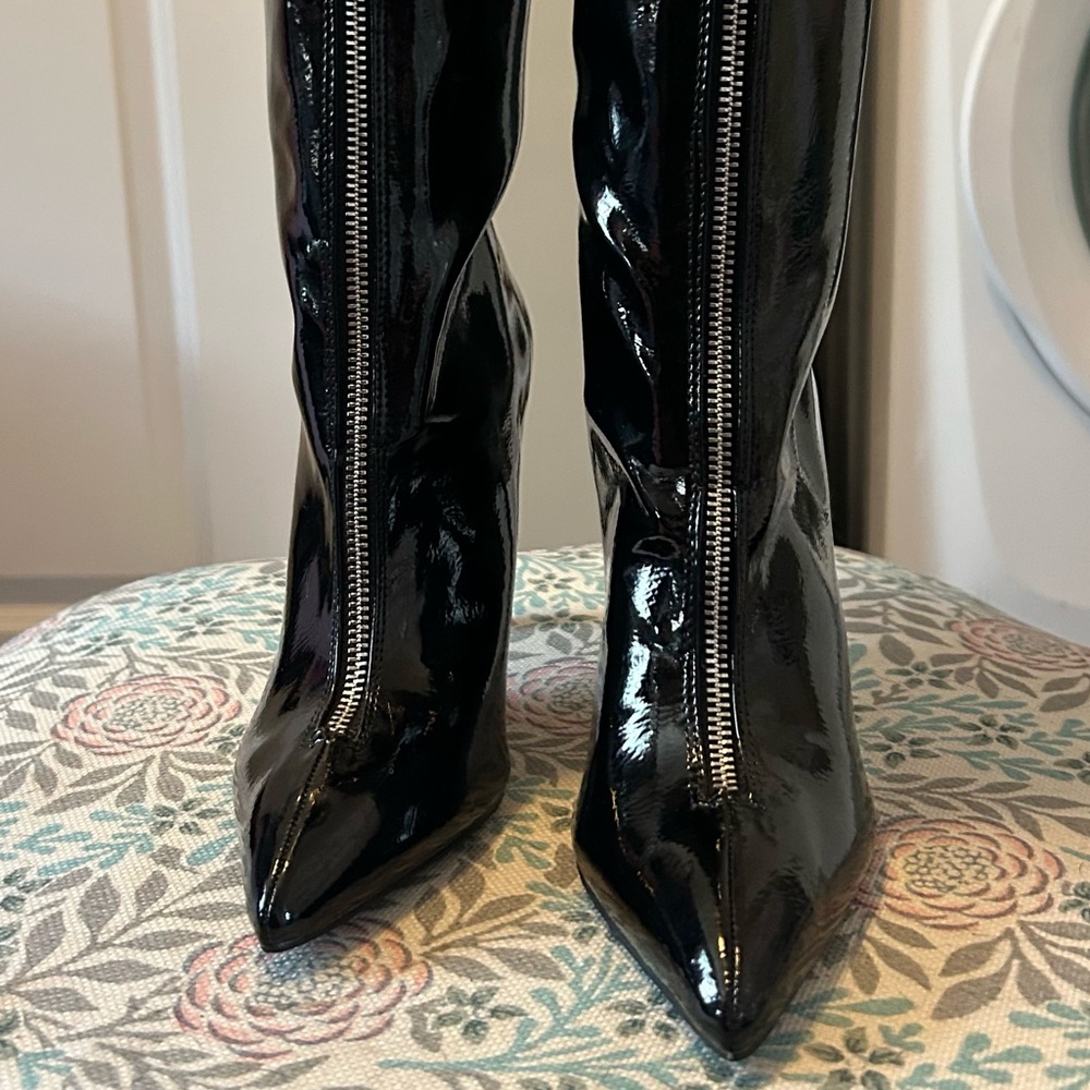 Black Zipper Patent Leather Boots - Picture 3 of 4